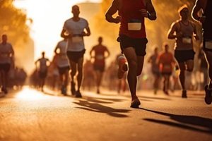 dynamic image that captures the energy and movement of a group of marathon runners racing through city streets in the early morning sun