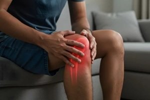man with knee pain sitting on sofa