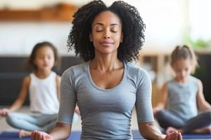 mother and daughters meditating together