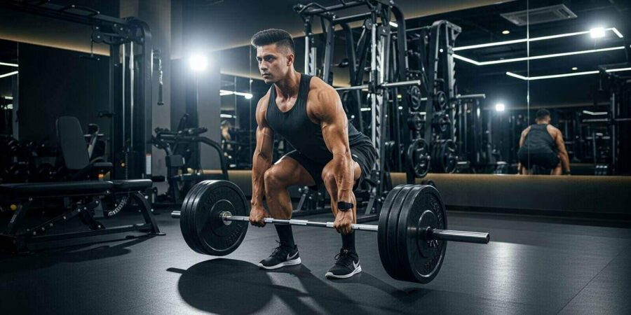 muscular man deadlifting weight in modern gym setting