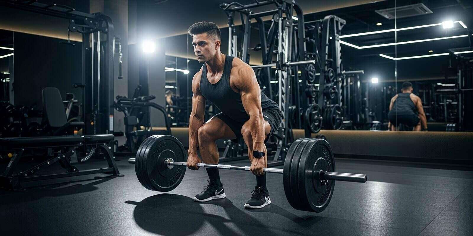 muscular man deadlifting weight in modern gym setting