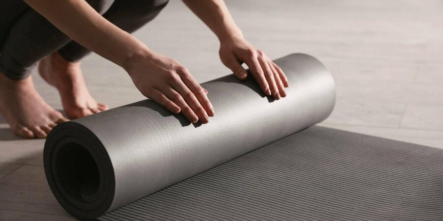 woman rolling yoga mat in studio